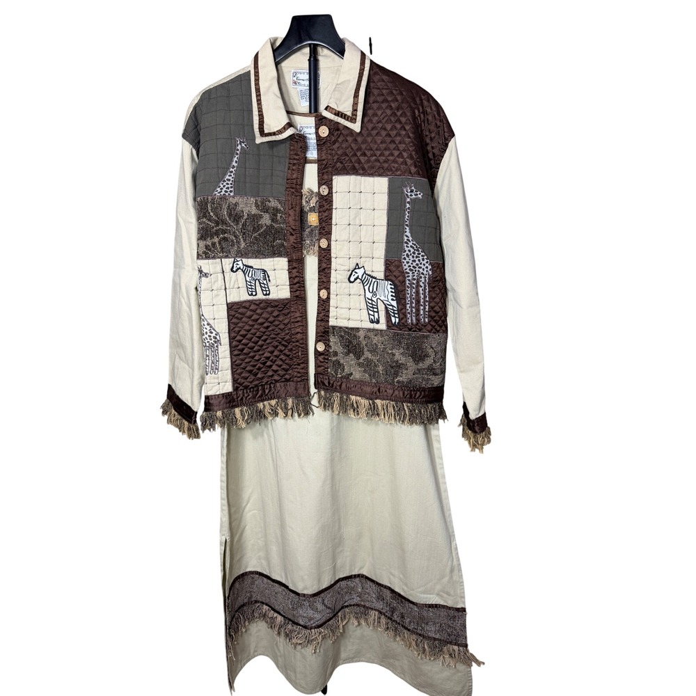 Carrie Allen Tan Safari Patchwork Jacket and Dress 2 Piece Set Large Cotton